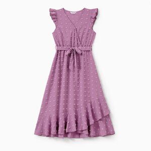 Women Ruffle Sleeve Purple Belted Sweet Summer Dress S, M, L, XL